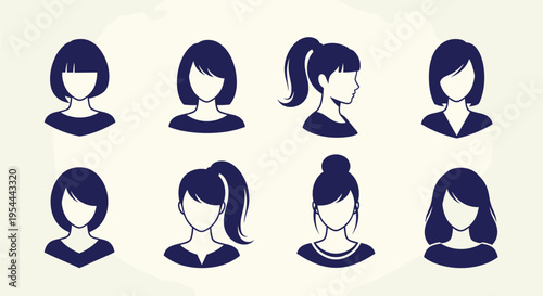 Collection of various female hairstyle silhouettes and head profiles in a dark blue color on a light cream background.