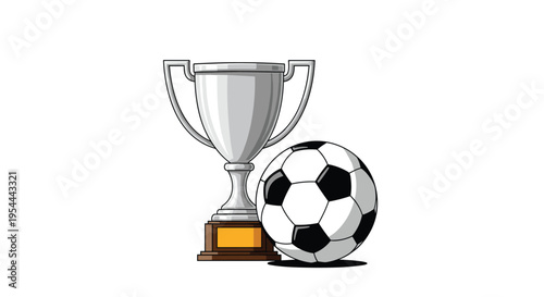 Silver trophy cup and a black and white soccer ball representing sports achievement and winning a football championship.
