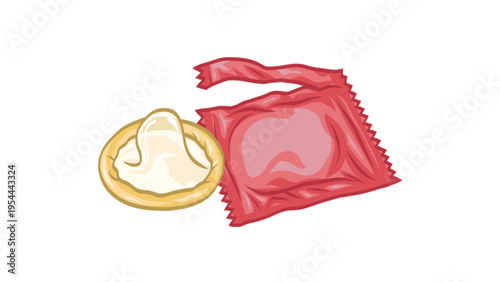 Illustration of a condom and its packaging on a white background