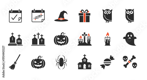 Comprehensive set of black and orange halloween icons featuring pumpkins ghosts bats witches hats and spooky graveyard items.