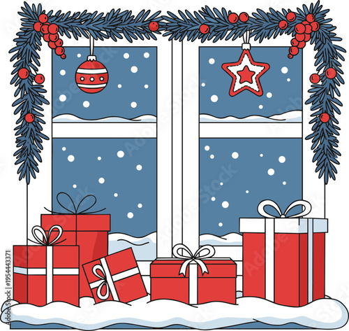 Christmas presents and decorations on a window sill with snowy background and pine branches, celebrating the festive season in a colorful, cozy indoor setting.