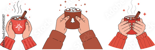 Three hands holding mugs of hot cocoa with marshmallows and cinnamon sticks, decorated for New Year's celebration with a festive design on a transparent background