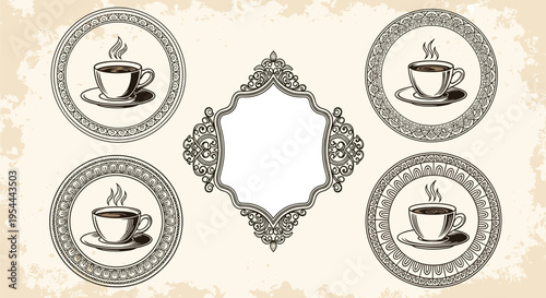 Vintage coffee shop design elements featuring ornate circular emblems with steaming coffee cups and a central frame.