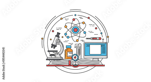 Comprehensive science and laboratory illustration set including a microscope test tubes books and a computer screen.