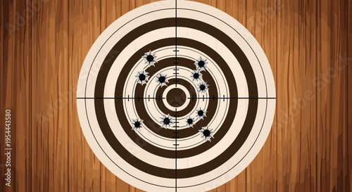 Shooting range target with multiple bullet hole impacts on a wooden background representing marksmanship practice.