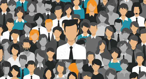 Large crowd of people with one distinct individual in white standing out from the grey and orange group silhouettes.