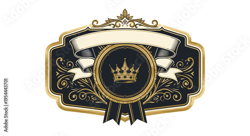 Ornate gold and black royal emblem featuring a crown central shield and elaborate scrollwork for luxury branding.