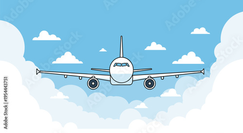 Passenger airplane flying in the blue sky above fluffy white clouds seen from the front view in a flat style illustration for travel concept.