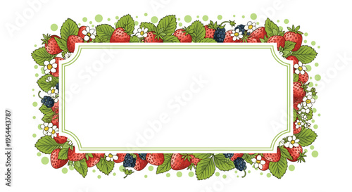 Beautiful decorative frame with hand drawn ripe red strawberries white flowers and dark blackberries on a white background with green dots.