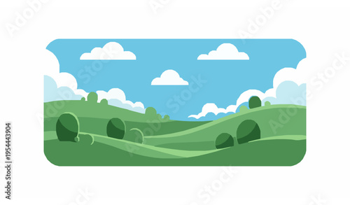 Cartoon rolling green hills landscape with blue sky and fluffy clouds peaceful nature vector illustration