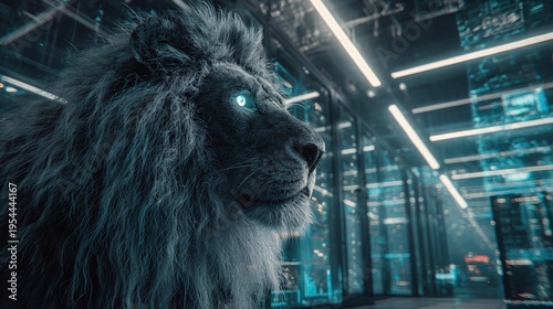 Digital Lion In Futuristic Server Room