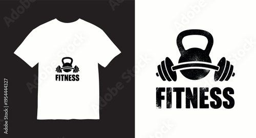 Fitness t shirt design with barbell and kettlebell