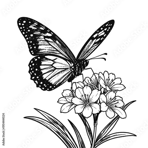 Butterfly resting on blooming flowers in vintage engraving style, detailed botanical illustration ideal for nature themes, wildlife design and elegant decorative artwork