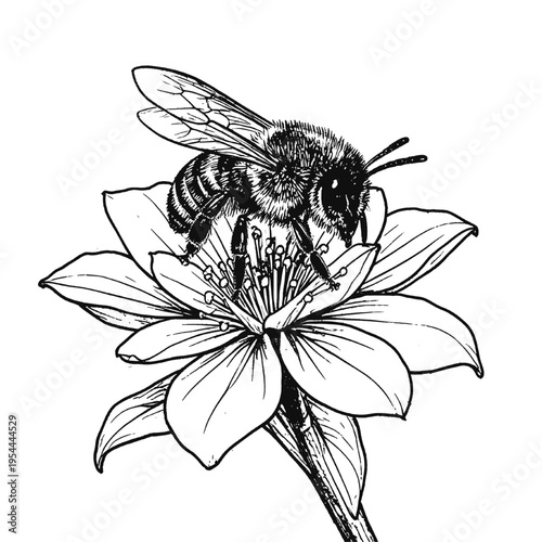Detailed bee collecting nectar on a blooming flower in vintage engraving style, botanical line art ideal for nature, ecology, and pollination concepts