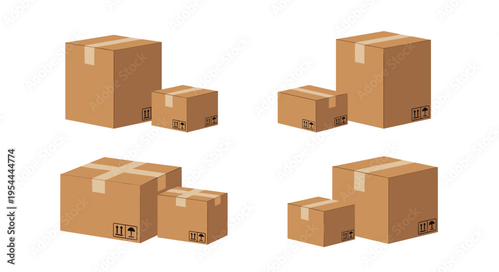 Fototapeta premium Set of four different cardboard box groupings in various sizes and orientations for shipping logistics and moving services concepts.