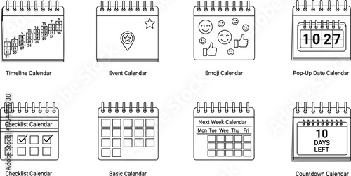 Modern calendar illustration set, timeline, event, emoji, checklist, countdown, weekly planner, pop‑up date, productivity, organization, scheduling, planning, vector design
