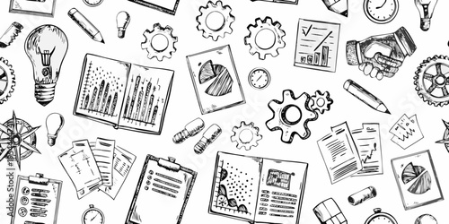 Hand drawn illustration featuring business concepts gears and innovation symbols