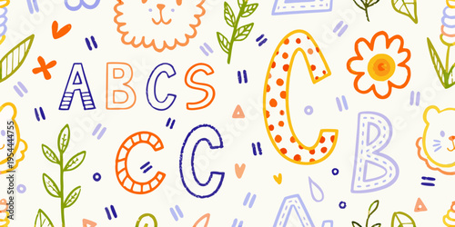 Colorful illustration featuring letters flowers and animal motifs on white