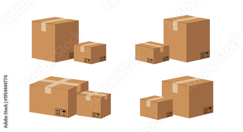 Set of four different cardboard box groupings in various sizes and orientations for shipping logistics and moving services concepts.