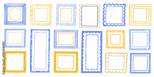 Collection of hand drawn doodle frames in yellow orange and blue hues