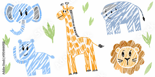 Colorful childlike drawings of an elephant giraffe rhino lion and bear