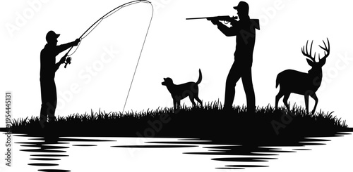 Outdoor activity silhouette illustration, people fishing, hunting, dog standing, deer with antlers, nature recreation theme, vector art, black silhouettes, isolated, bold striking design