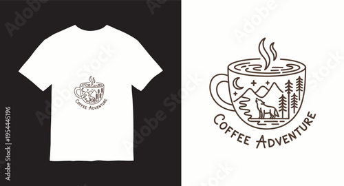 Coffee adventure line art illustration with howling wolf and mountain landscape