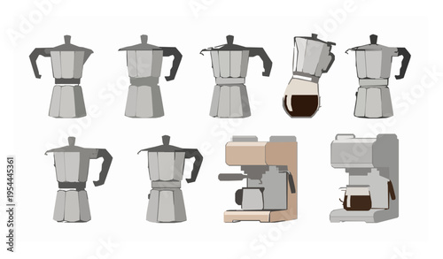Italian coffee maker vector collection with moka pot and espresso machines isolated on white background