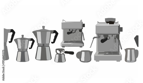 Realistic moka pot and espresso machine vector collection Italian coffee makers isolated on white
