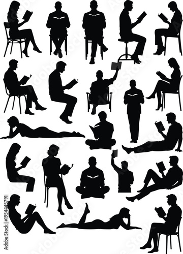 Reading silhouette illustration, diverse human figures in seated, standing, reclining, and lying poses with books, lifestyle theme, vector art, black silhouettes, isolated, bold design