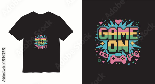 Pixel art gaming t-shirt design with game on text and retro controllers for video game fans