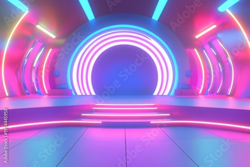 Product display, 3D style, circular podium, futuristic modeled stage, high saturation, neon light