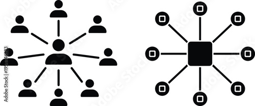Centralized management and radial network connection hub icons for team leadership and data distribution systems. Social networking, cloud computing, and omni channel distribution strategies.