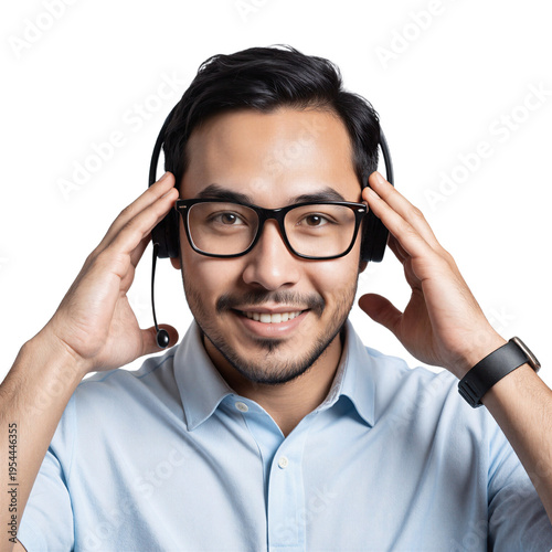 Customer service representative headset smiling Asian man working in tech support and assistance on a transparent background