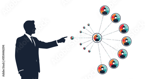 A businessman directs a network of connected people and data points