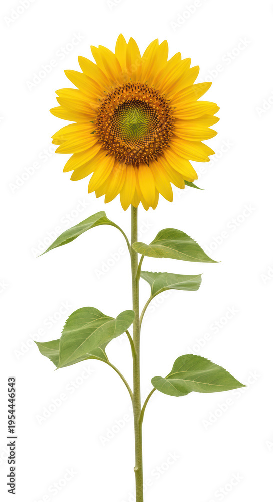 Fototapeta premium A large yellow sunflower with green leaves isolated on transparent background