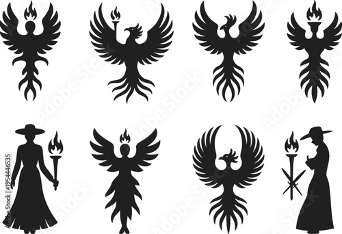 Silhouette collection of phoenixes with flames and torch‑bearing figures, symbolic artwork representing fire, rebirth, mythology, angelic beings, spiritual energy, and dramatic fantasy design