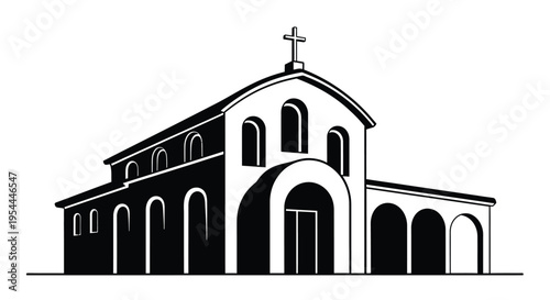 A black and white illustration of a traditional stone church building