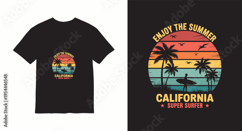 Enjoy the summer california super surfer t-shirt design concept for print, poster, and banner