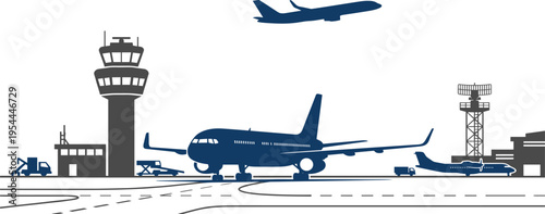 A modern airport scene with airplanes, control tower, and terminals, depicting air travel and aviation infrastructure