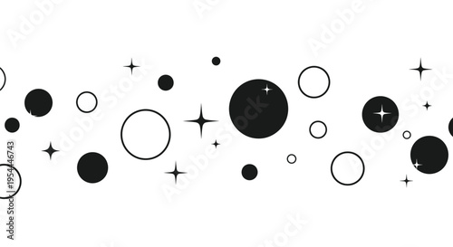 Abstract pattern of black circles stars and varying sized spheres