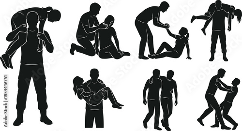 Vector silhouettes illustrating various scenarios of emergency first aid, victim rescue, and people offering assistance, support, and help in critical situations