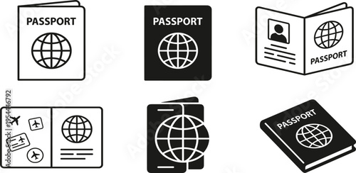 Diverse set of passport vector icons symbolizing international travel, global identity, and essential documentation concepts, suitable for digital applications and print media