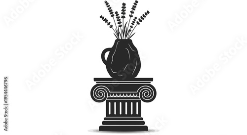 Black and white illustration of lavender in a vase on a pedestal