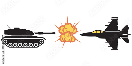 Military tank and jet fighter silhouettes near explosion eps 10