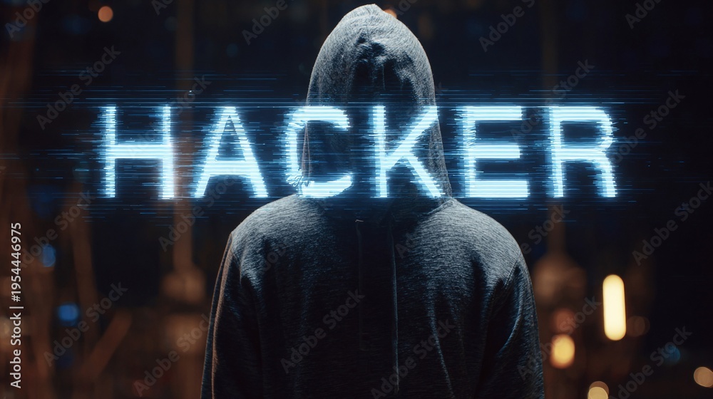 Obraz premium Mysterious hacker wearing a hoodie, illuminated by blue light, creating an intense and suspenseful atmosphere.