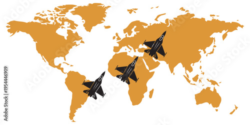 Global air defense jet fighter silhouettes over world map eps 10