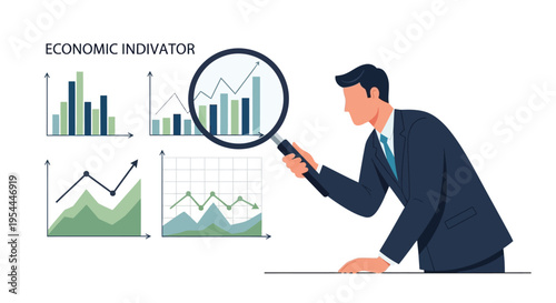 Analyst examining economic indicators with graphs and a magnifying glass