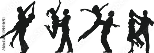 Silhouette illustration of five dancing couples in dynamic poses, showcasing expressive movement, partner coordination, artistic performance.
