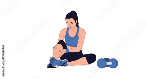Woman experiencing knee pain while exercising with dumbbells nearby